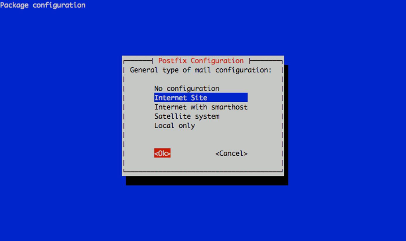 Selecting the Postfix mail server configuration type on a Ubuntu 10.04 (Maverick) system. Selecting the Postfix mail server configuration type on a Ubuntu 10.04 (Maverick) system.