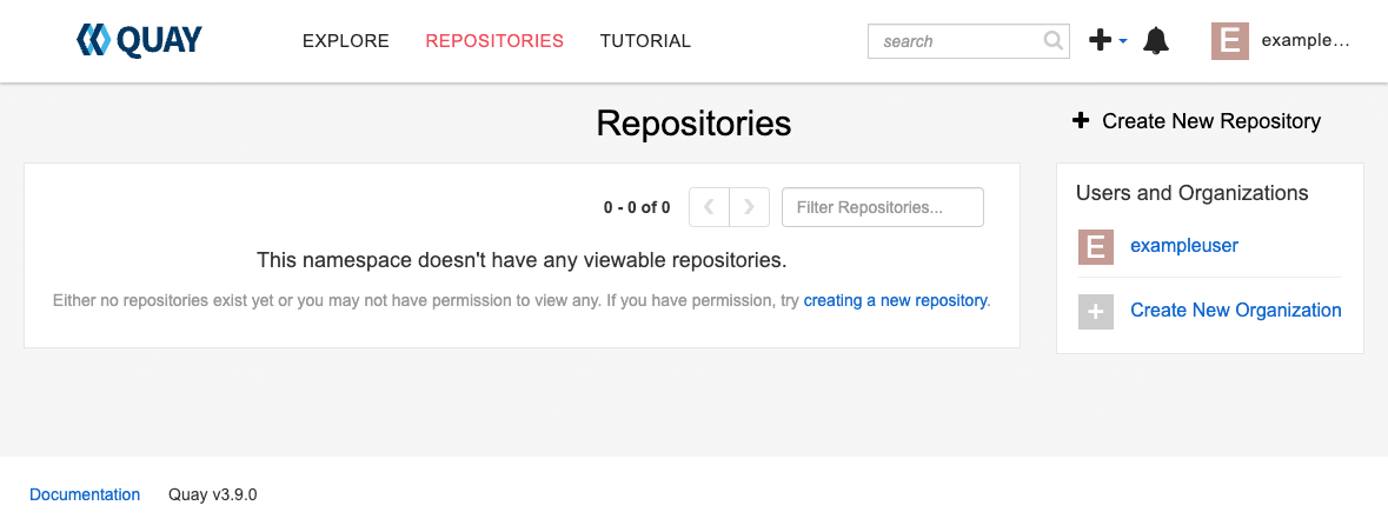 The Project Quay new user empty repositories screen The Project Quay new user empty repositories screen