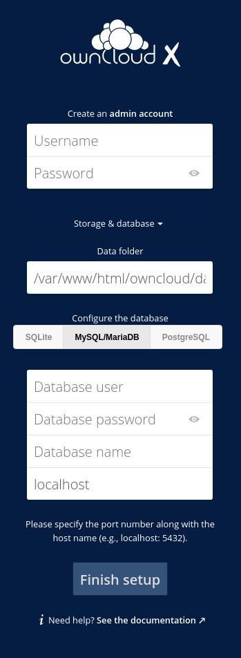 The database details section for the ownCloud installation The database details section for the ownCloud installation