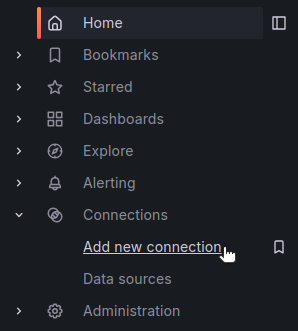 Grafana home menu with the option to add a new connection under the Connections section. Grafana home menu with the option to add a new connection under the Connections section.