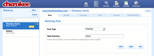 Deleting rules on the Rule tab of the vServers page of the Cherokee admin panel on Fedora 13. Deleting rules on the Rule tab of the vServers page of the Cherokee admin panel on Fedora 13.