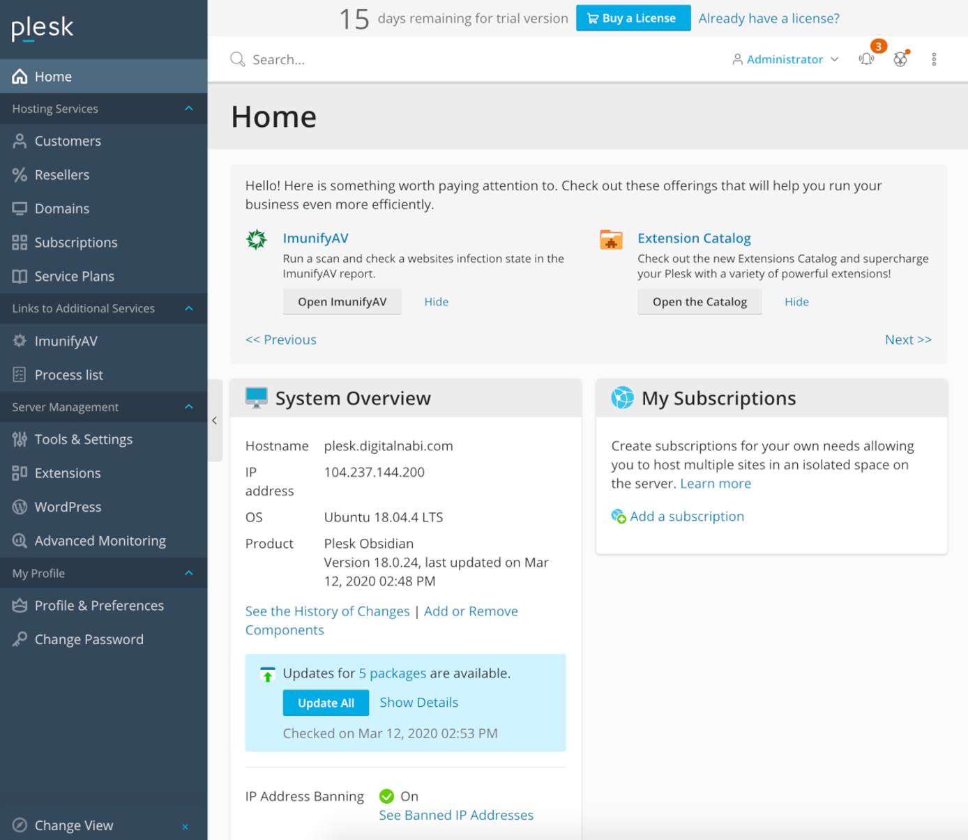 Plesk Dashboard Plesk Dashboard