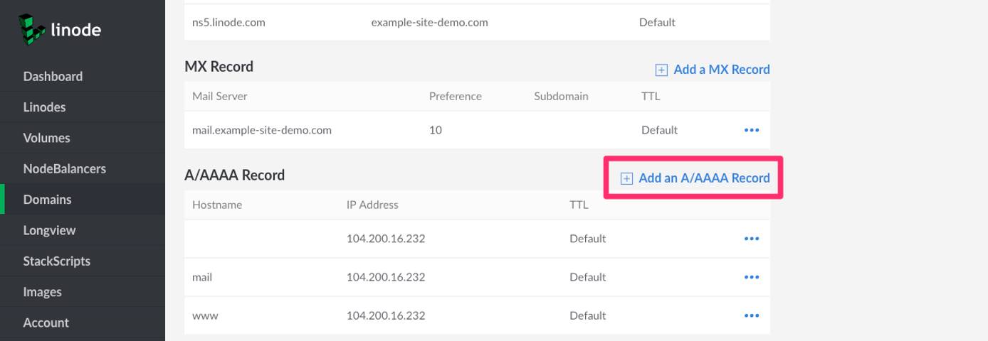 Create a new A record by first click on Add an A/AAAA Record Create a new A record by first click on Add an A/AAAA Record